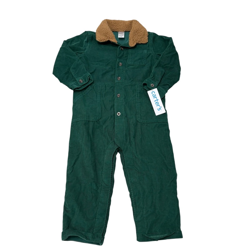 Carters Green Corduroy Sherpa Collar Fleece Lined Coverall 24M Winter Cozy NEW